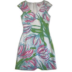 Lilly Pulitzer Desiree Cap Sleeve Dress Small Ring Bellboy Sheath White Green Pi